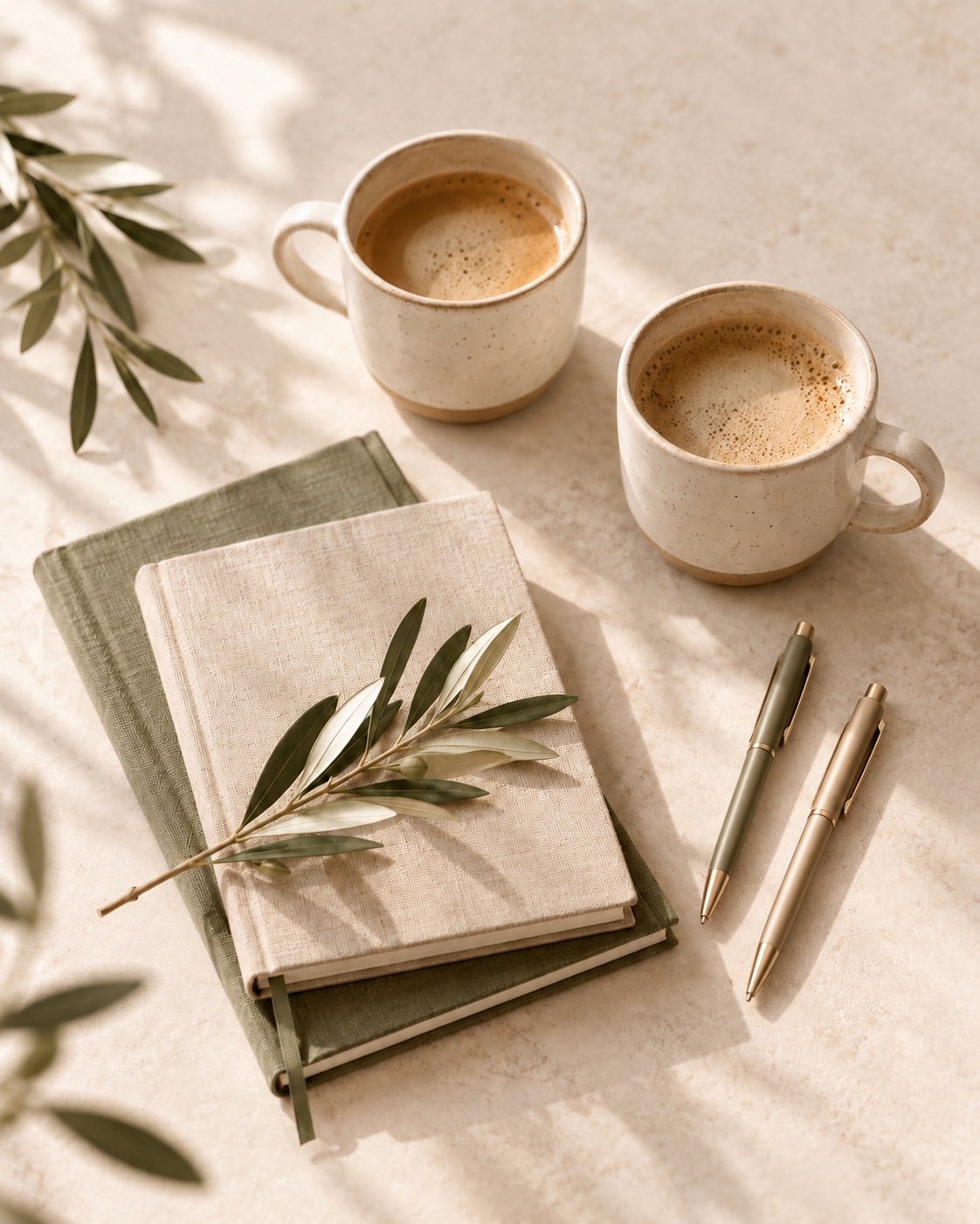 Two coffee cups beside notebooks and olive branches